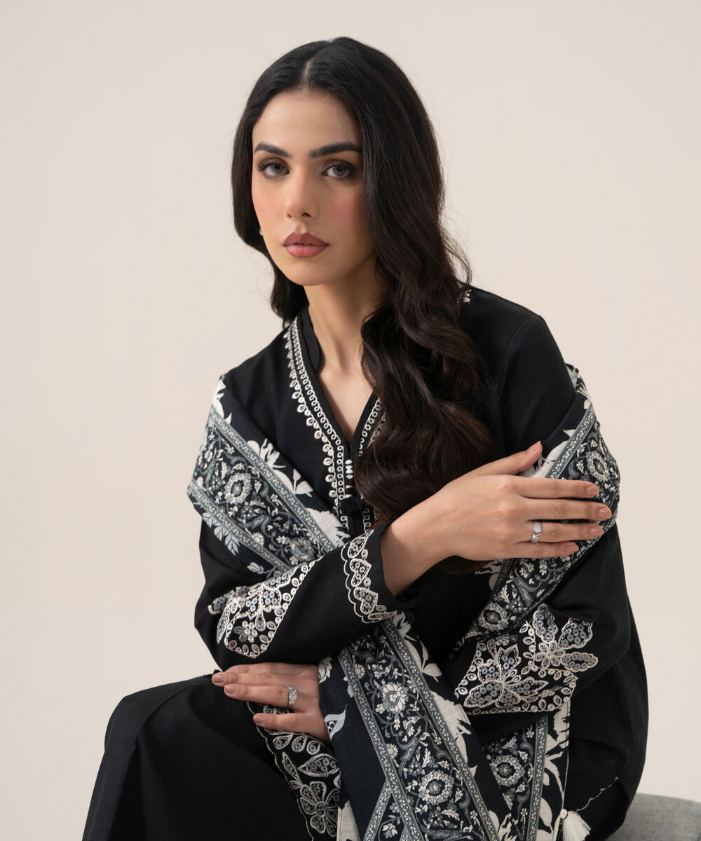 Women's Unstitched Basic Khaddar Embroidered Black 3 Piece Suit