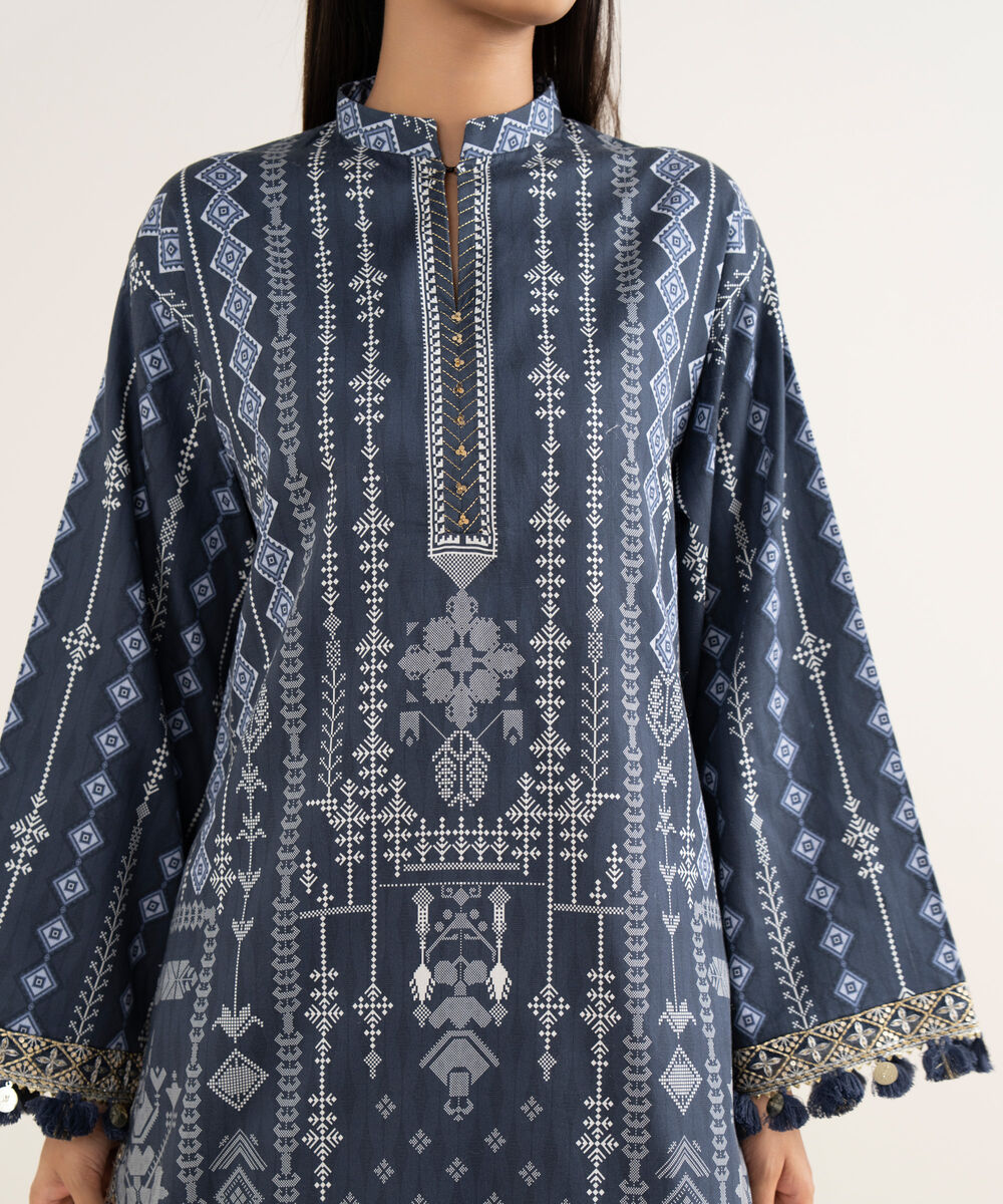 Women's Unstitched Fine Cotton Satin Embroidered Blue  3 Piece Suit