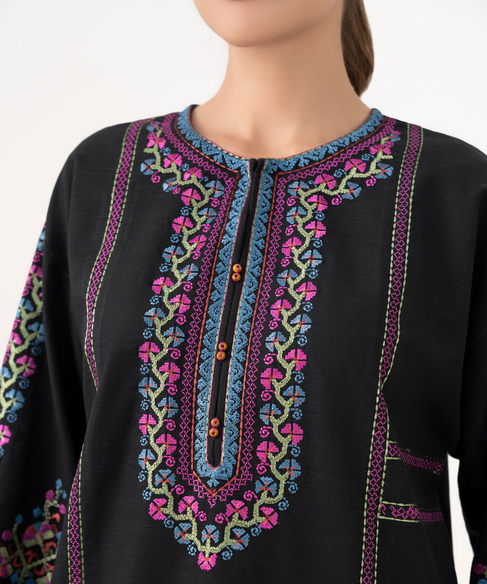 Women's RTW Cotton Embroidered Black Drop Shoulder Shirt