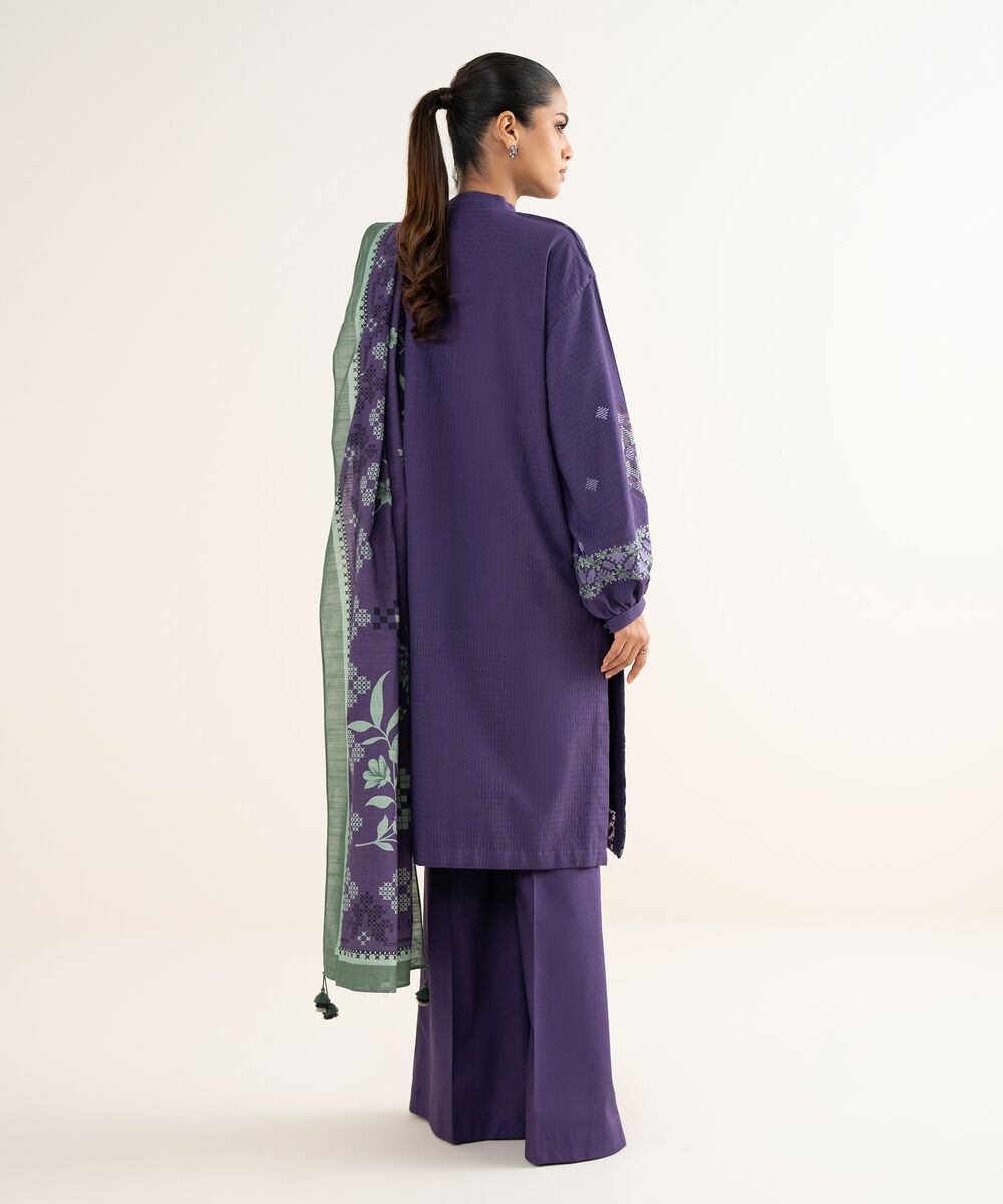 Women's Unstitched Dobby Embroidered Purple 3 Piece Suit