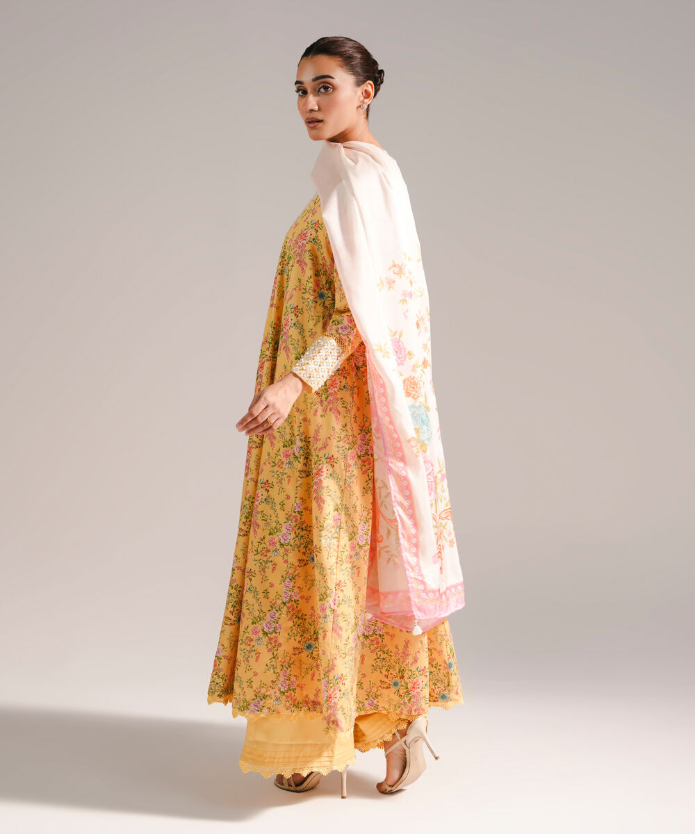 Women's RTW Cotton Satin Embroidered Yellow 3 Piece Suit