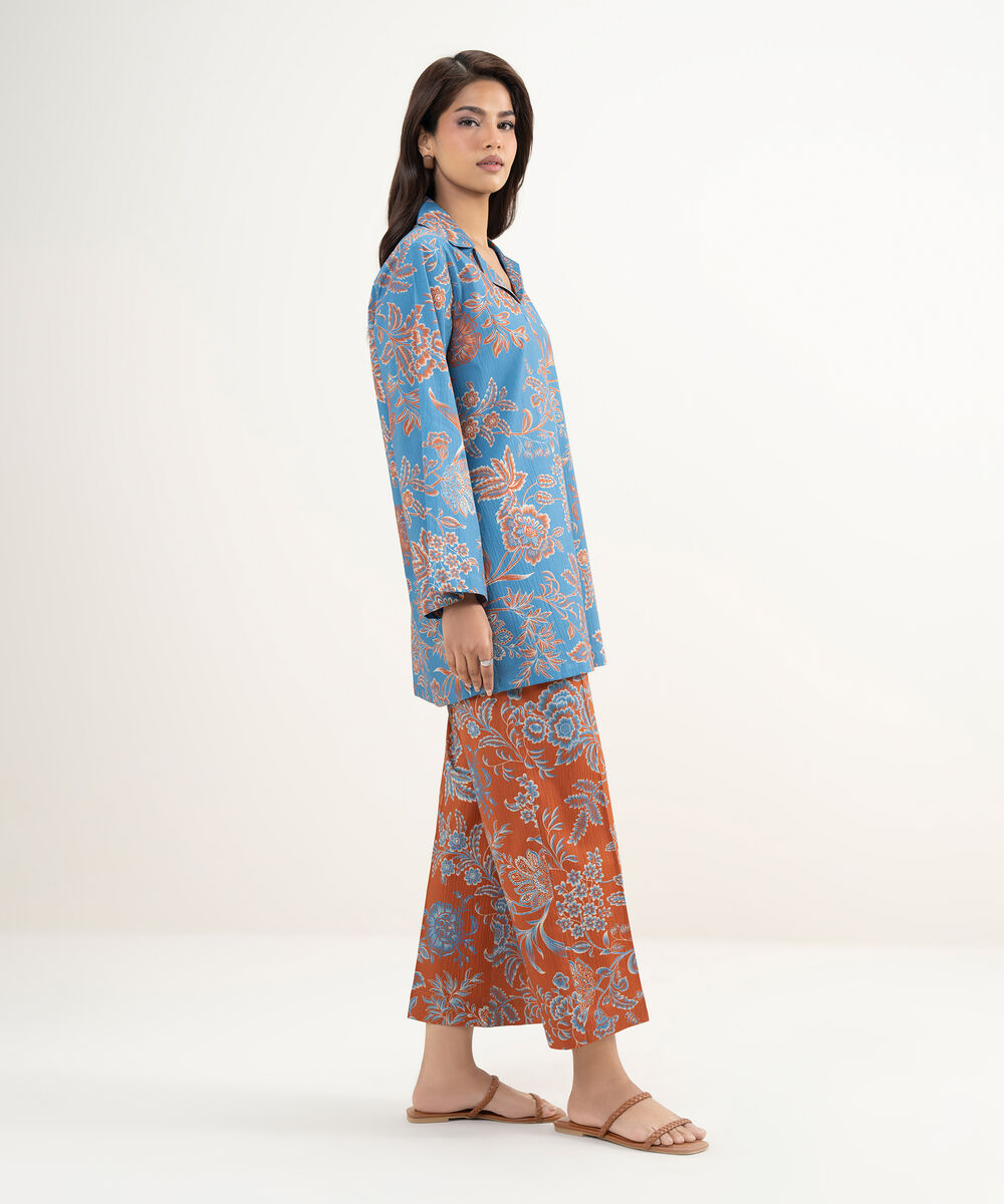 Women's RTW Seersucker Printed Blue Straight Shirt