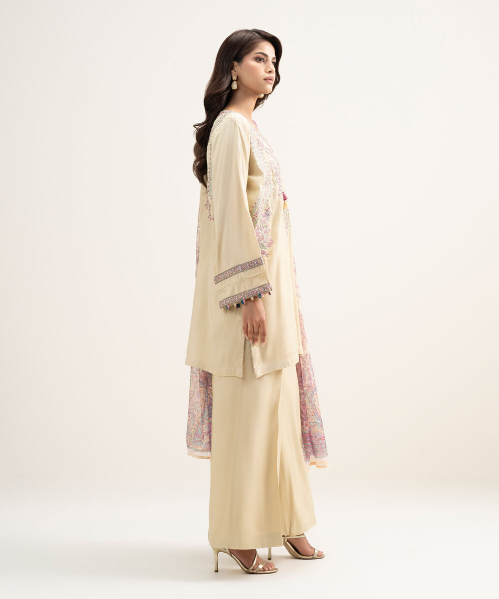 Women's RTW Viscose Raw Silk Embroidered Beige 3 Piece Suit