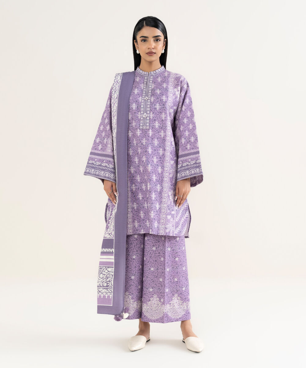 Women's Unstitched Printed Khaddar Lilac and Off White 3 Piece Suit