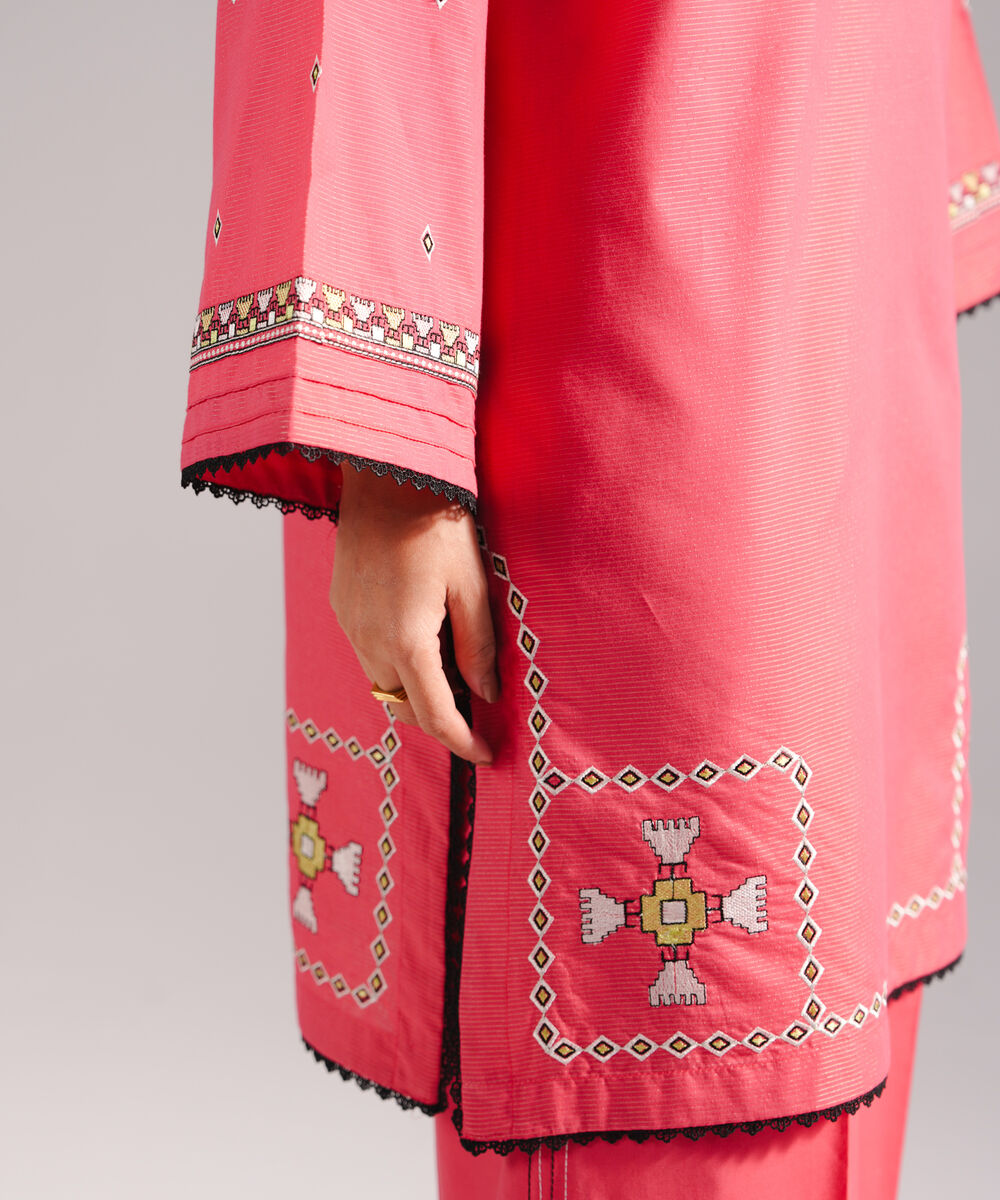 Women's RTW Zari Lawn Embroidered Coral Red Straight Shirt
