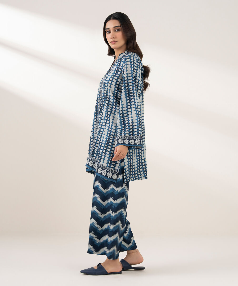 Women's RTW Viscose Linen Printed Straight Blue Shirt