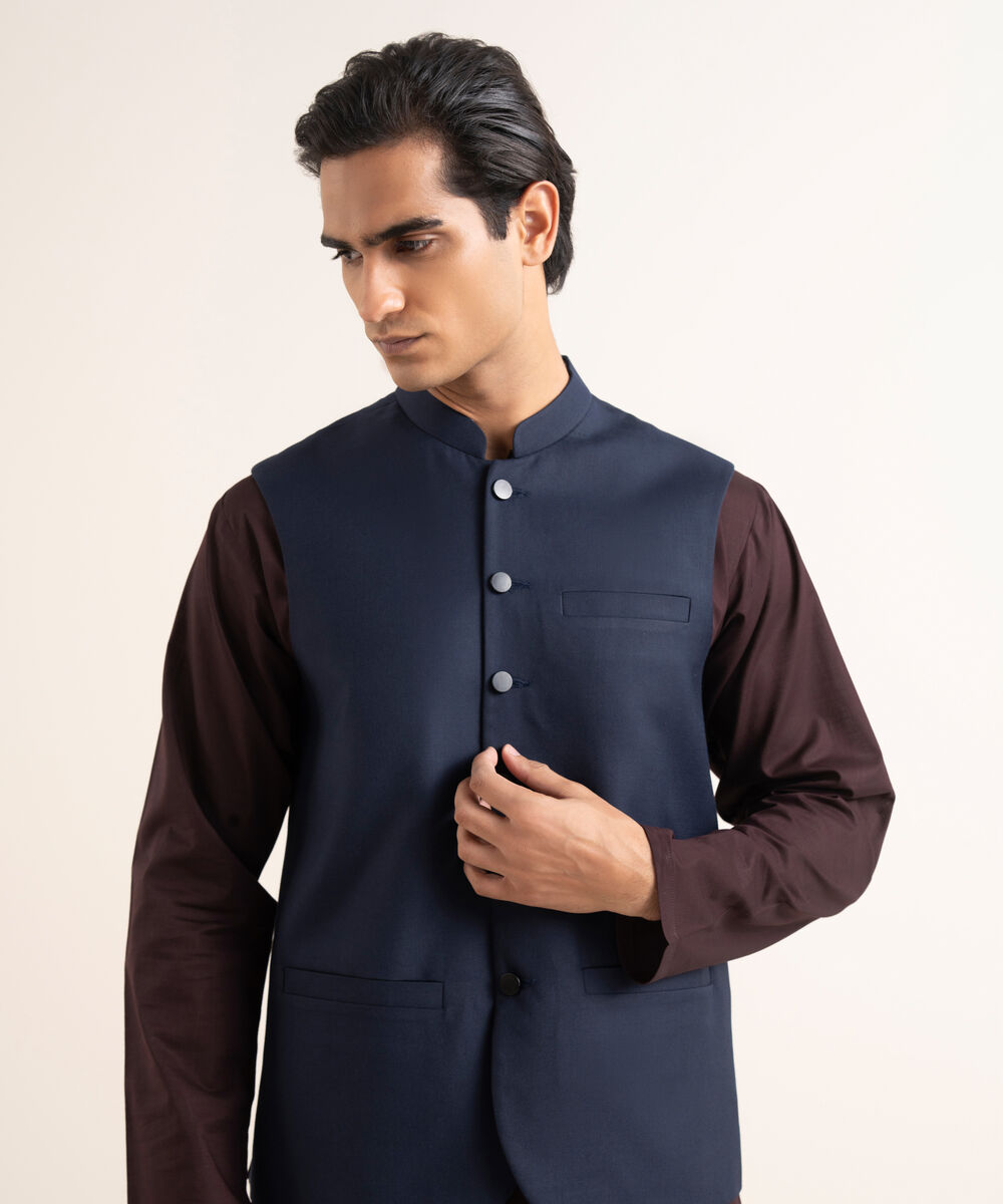 Men's Stitched Textured Wash & Wear Blue Waistcoat