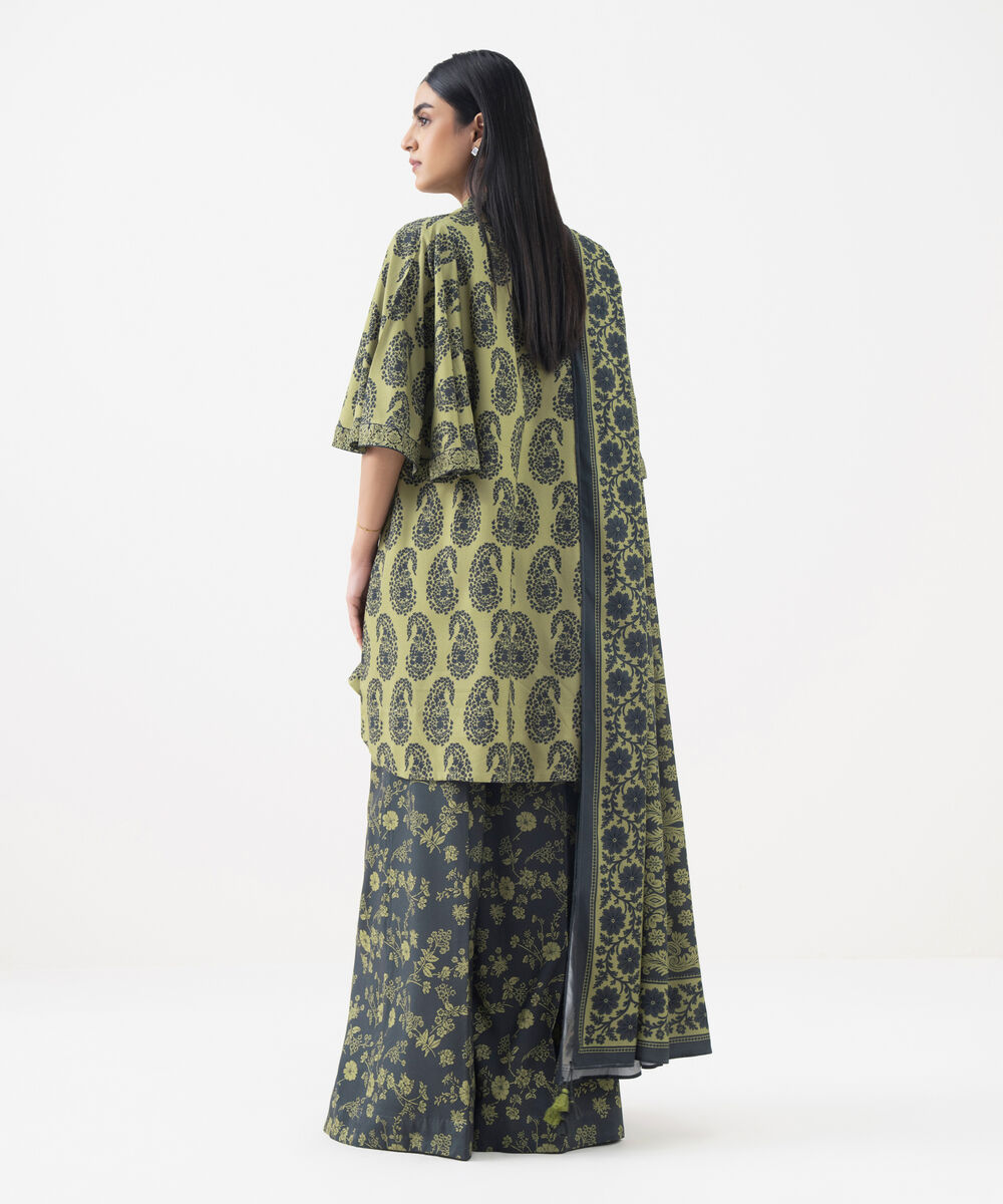 Women's Unstitched Linen Printed Green 3 Piece Suit