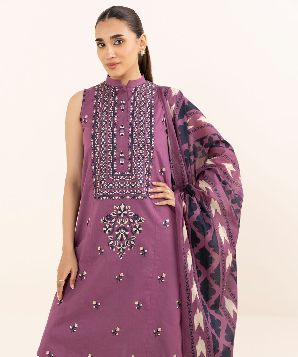 Women's Unstitched Dobby Embroidered Purple 3 Piece Suit
