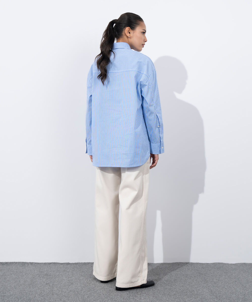 Women's Western Wear Blue Cinched Waist Button Through Shirt