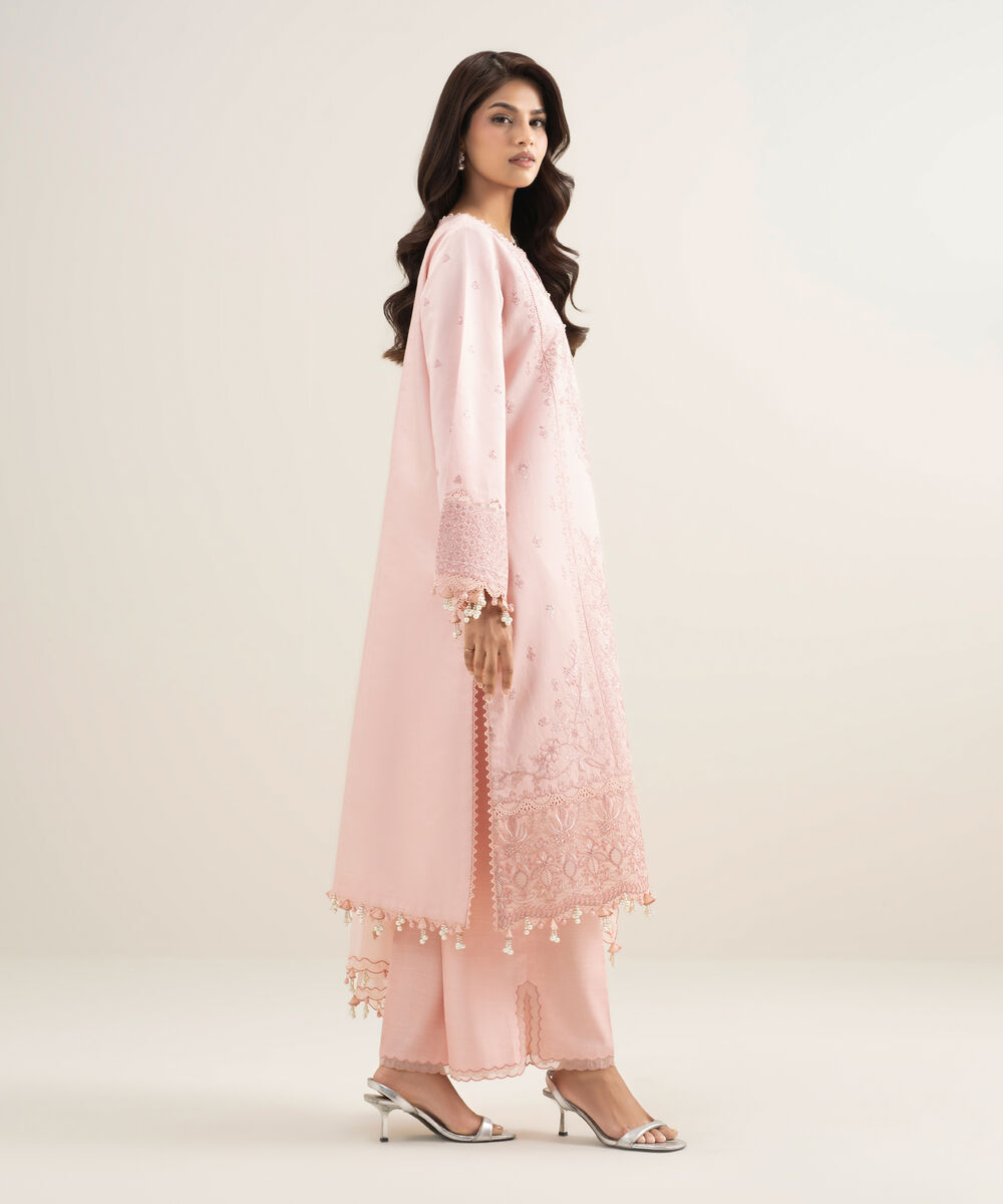 Women's Unstitched Cotton Net Embroidered Pink 3 Piece Suit