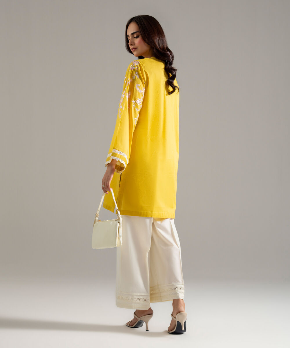 Women's RTW Lawn Solid Embroidered Yellow Straight Shirt