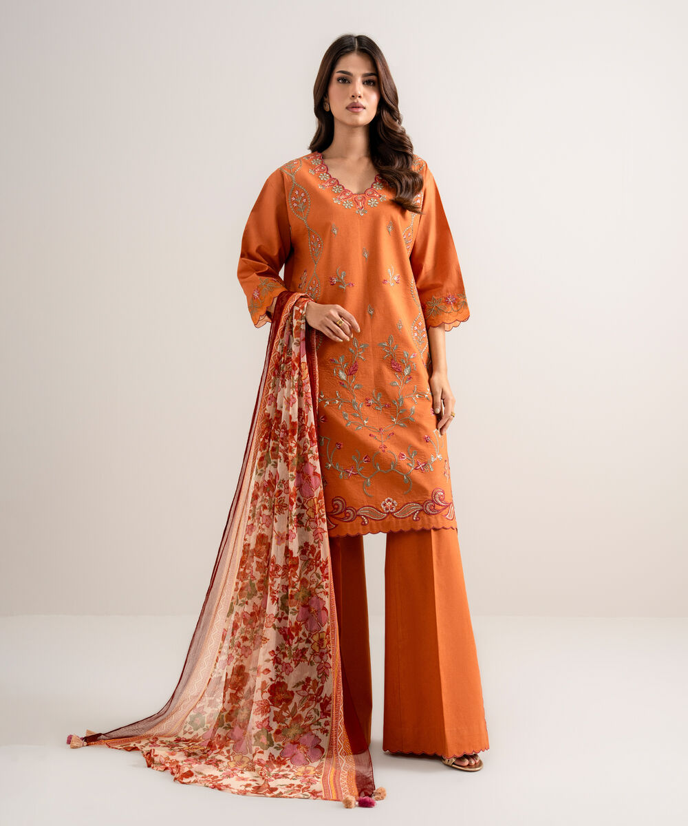Women's Unstitched Embroidered Textured Lawn Orange 3 Piece Suit