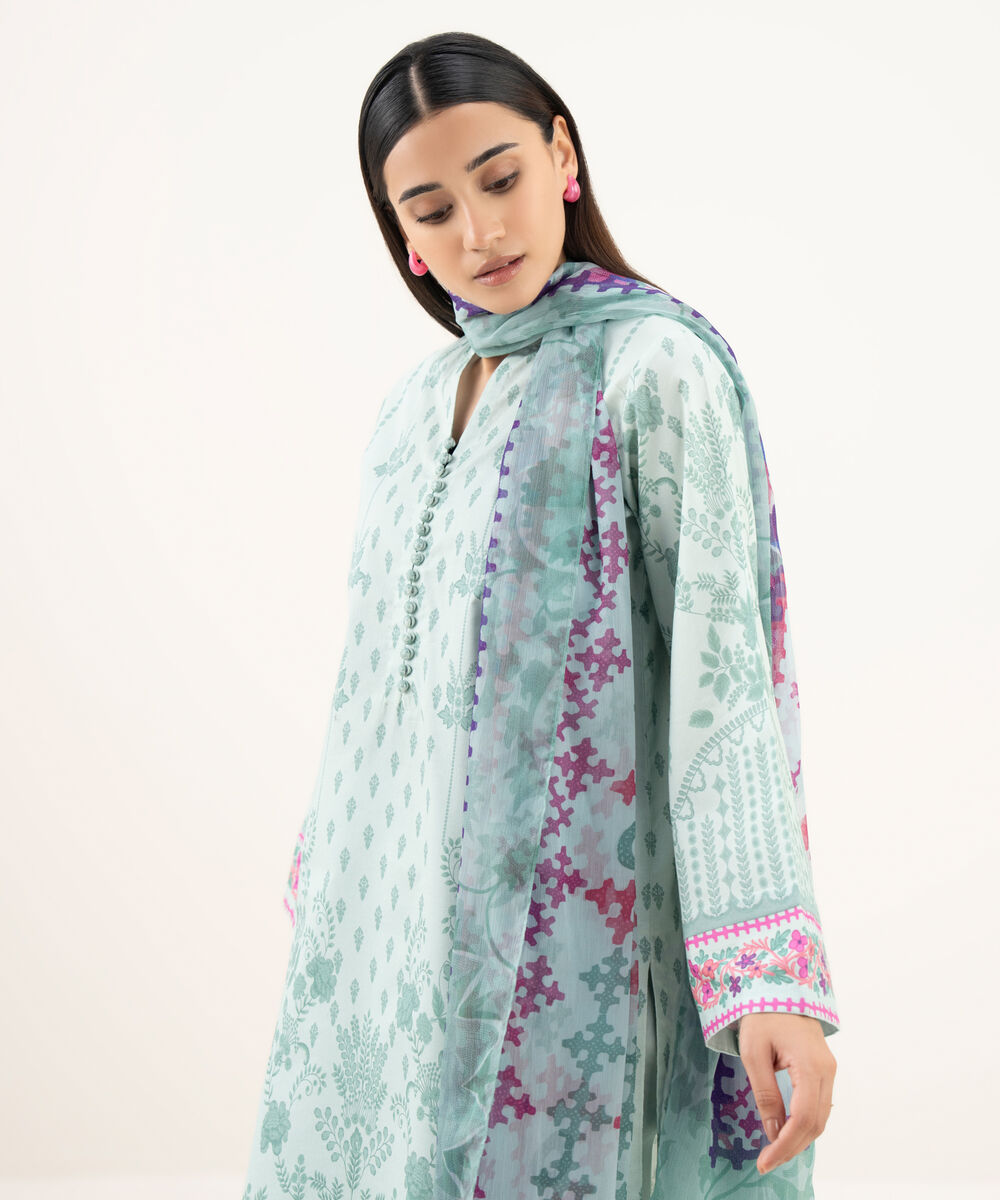 Women's Unstitched Lawn Printed Blue 3 Piece Suit