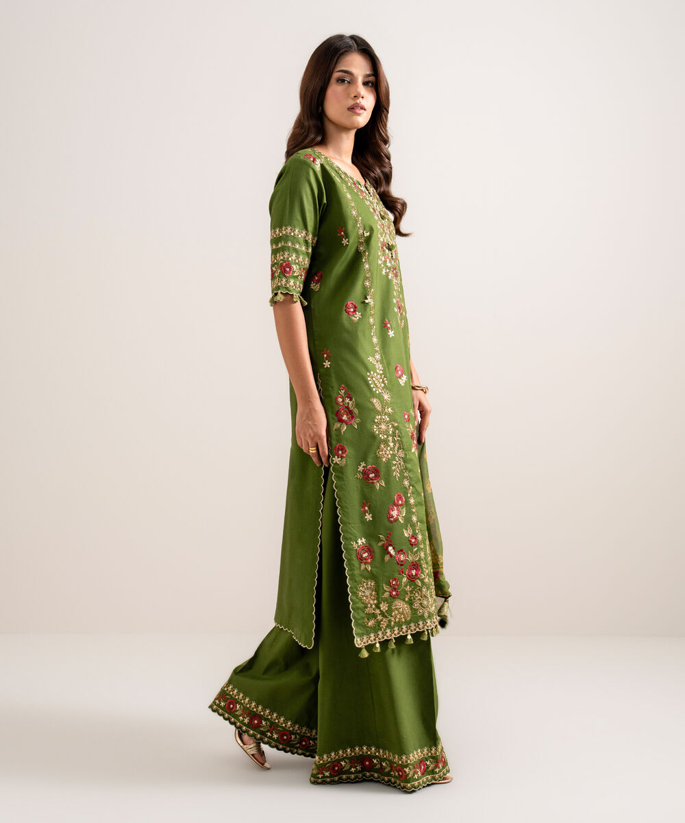 Women's Unstitched Embroidered Cotton Viscose Green 3 Piece Suit