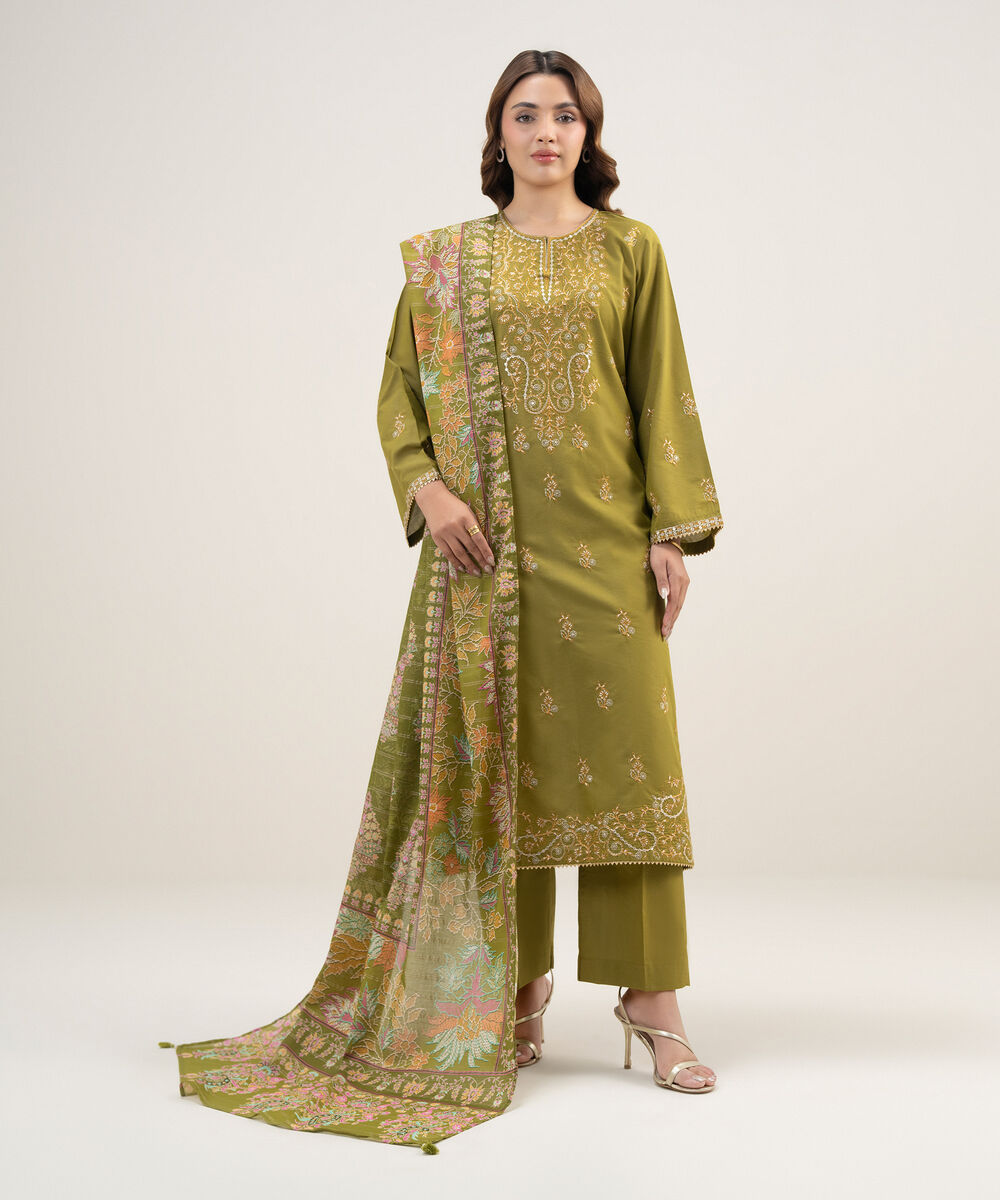 Women's RTW Zari Lawn Embroidered Green Straight Shirt
