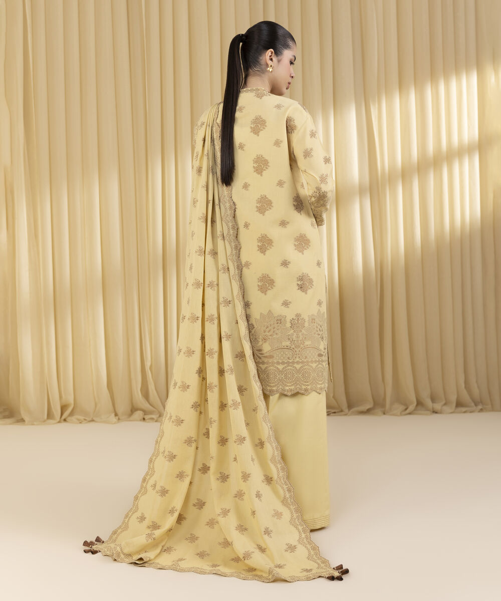 Unstitched Women's Yellow Extra Weft Jacquard 3 Piece Suit