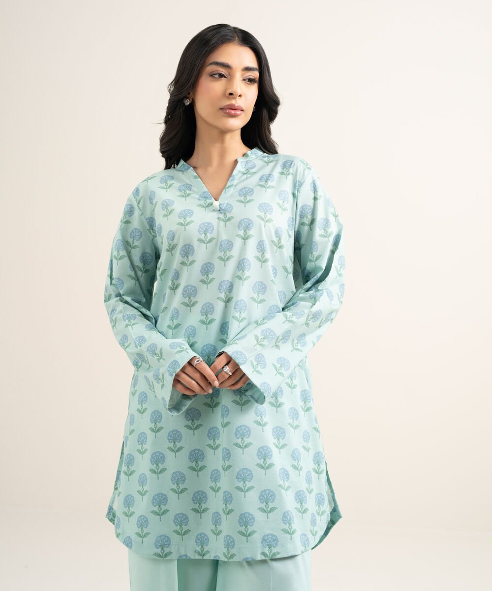 Women's RTW Cotton Viscose Printed Blue Straight Shirt