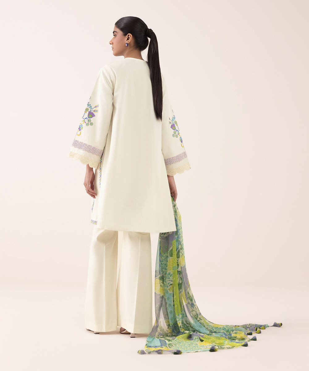 Women's Unstitched Textured Lawn Embroidered Off White 3 Piece Suit