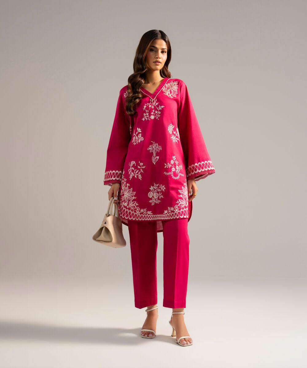 Women's RTW Crosshatch Embroidered Pink Straight Shirt