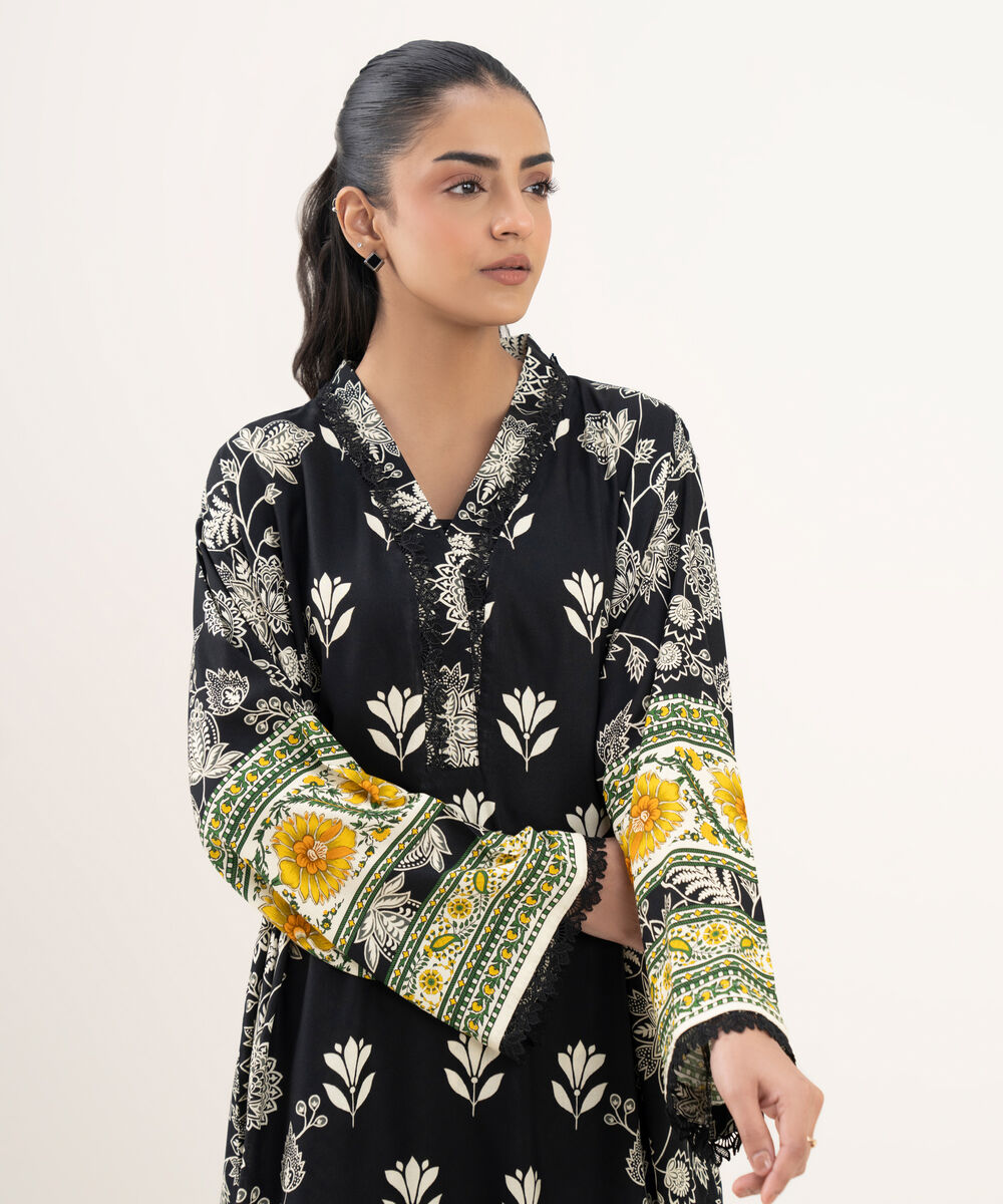 Women's RTW Viscose Linen Printed Drop Shoulder Black Shirt