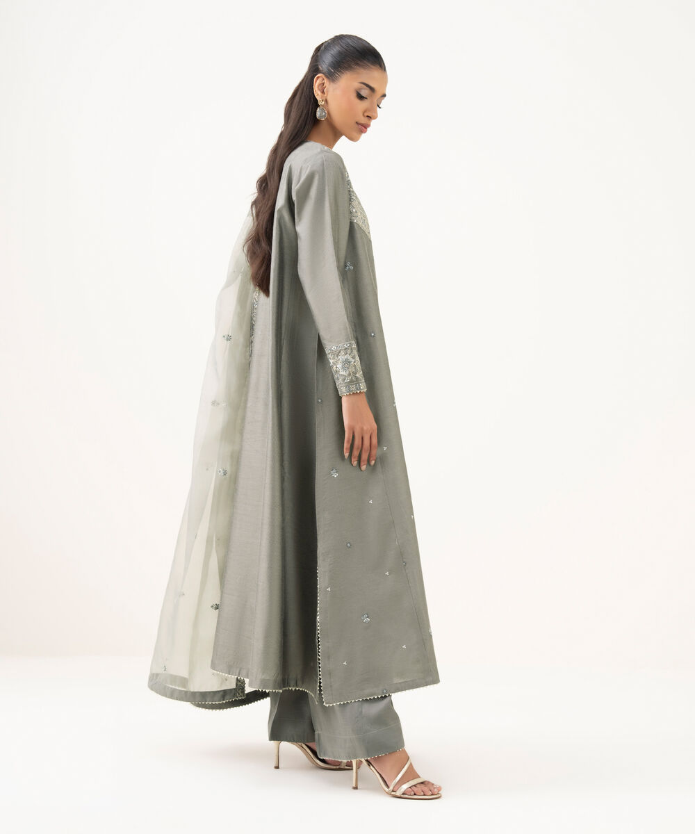 Women's RTW Blended Silk Cotton Net Embroidered Grey Three Piece Suit