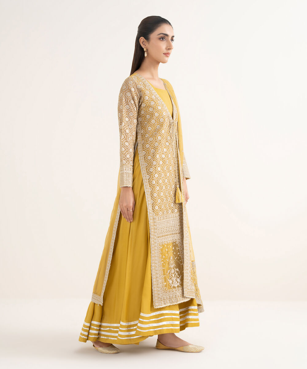 Women's RTW Blended Organza Embroidered Yellow 2 Piece Suit