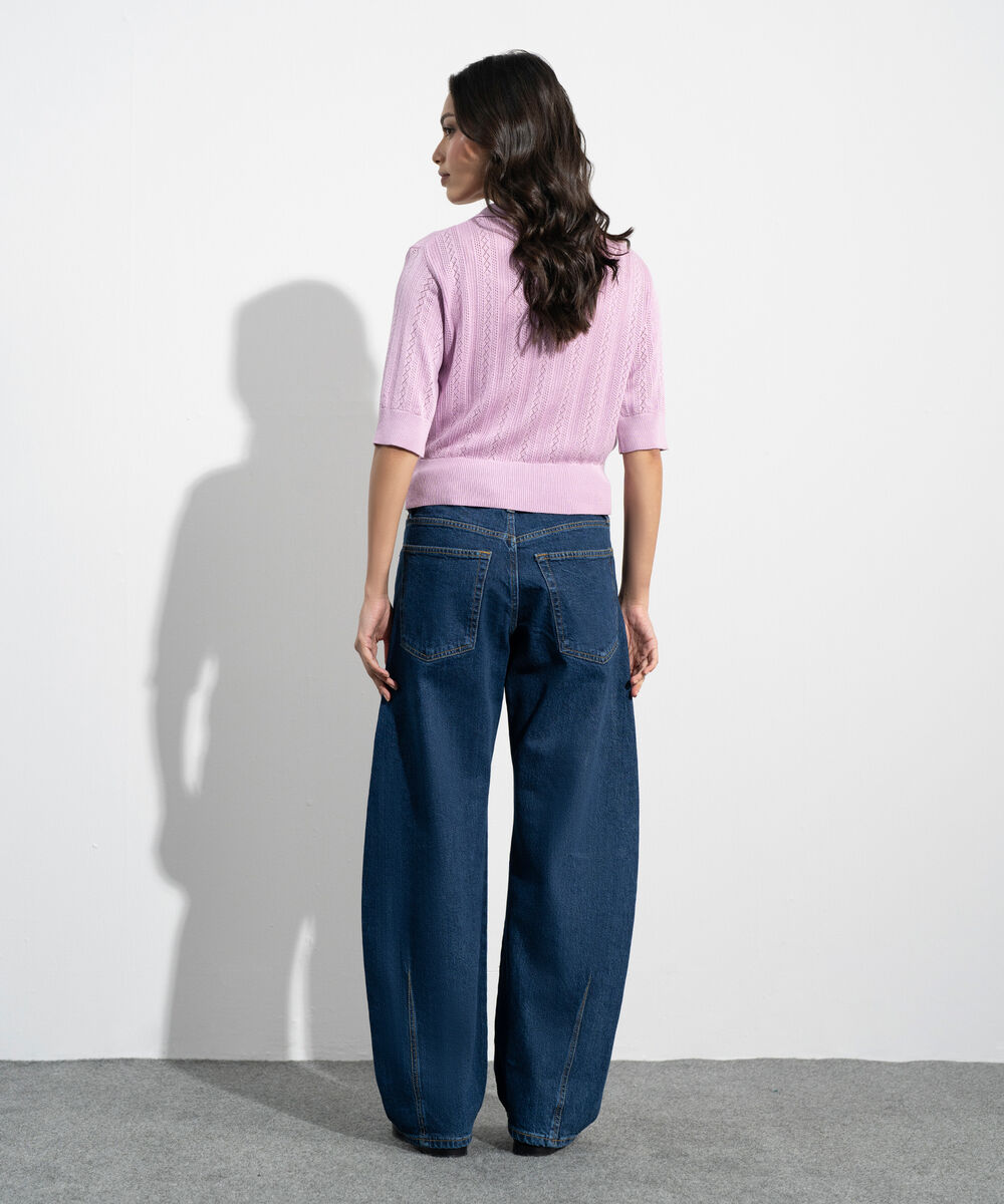 Women's Western Pink Pointelle Summer Knit Polo Top