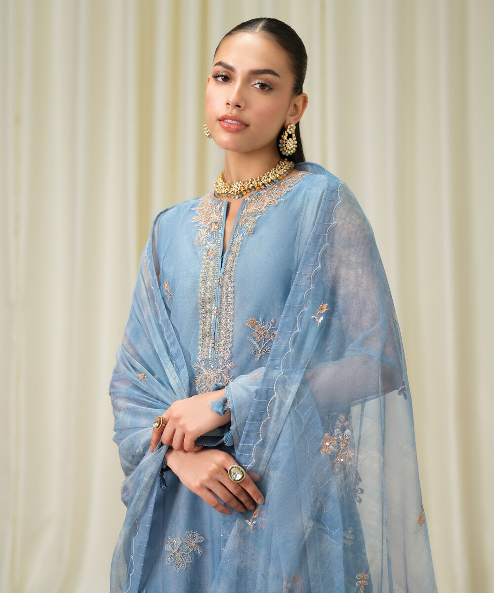 Women's Unstitched Blended Net Embroidered Blue 3 Piece Suit