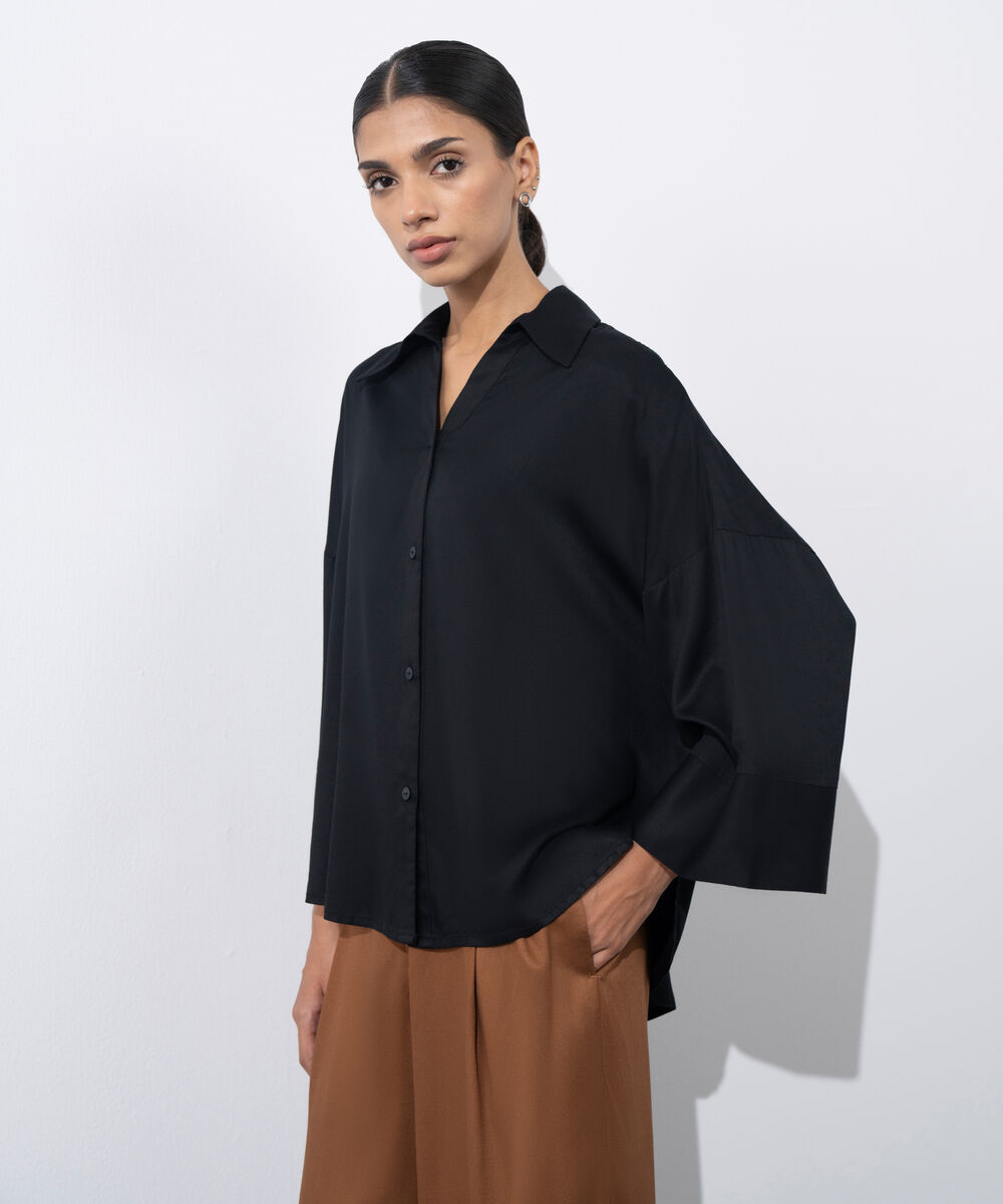 Women's Western Wear Black  V-Neck Button Through Shirt