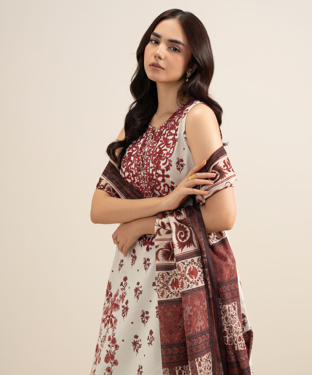 Women's Unstitched Lawn Embroidered Off White and Red 3 Piece Suit