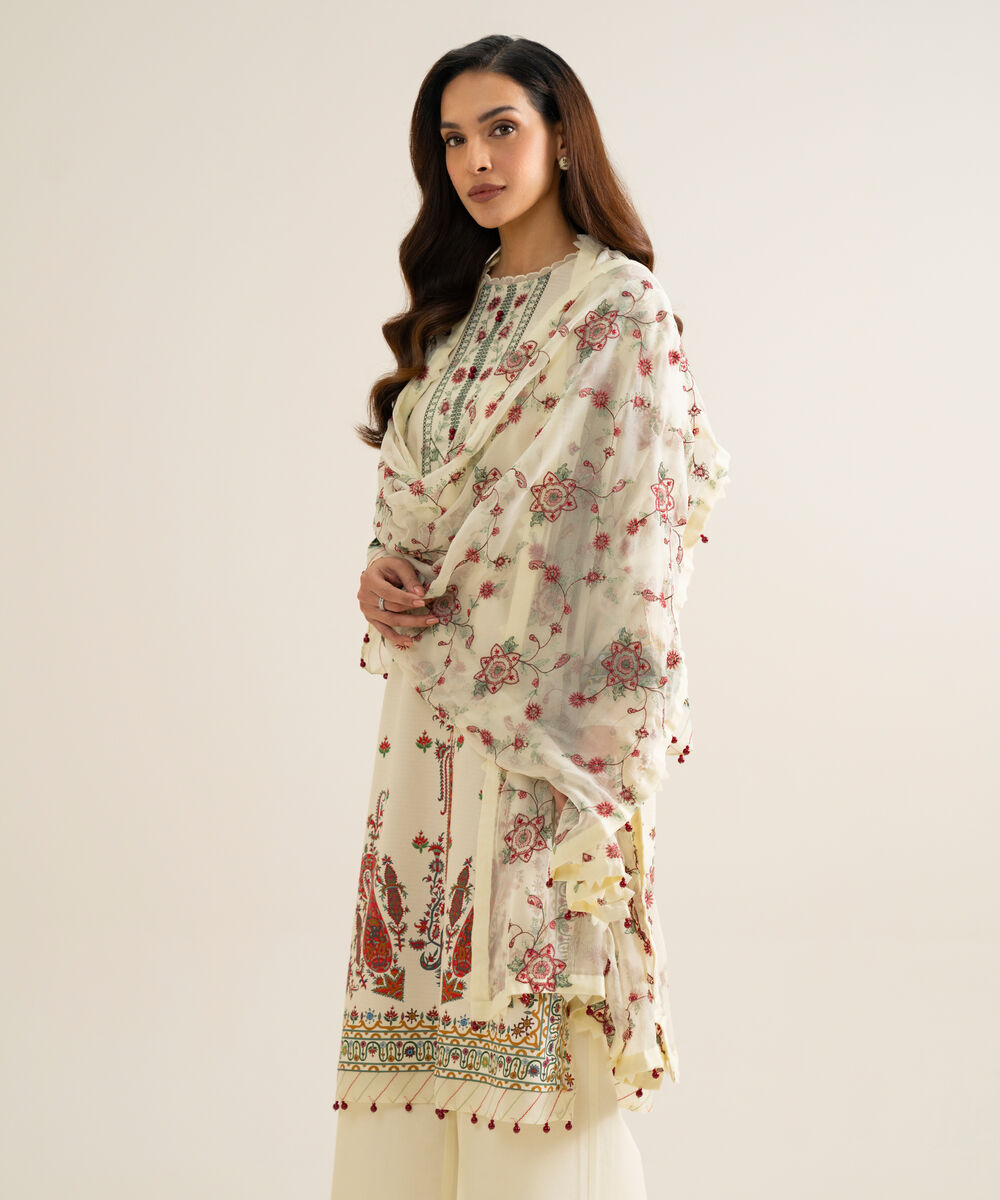 Women's Unstitched Blended Chiffon Printed Ivory 3 Piece Suit