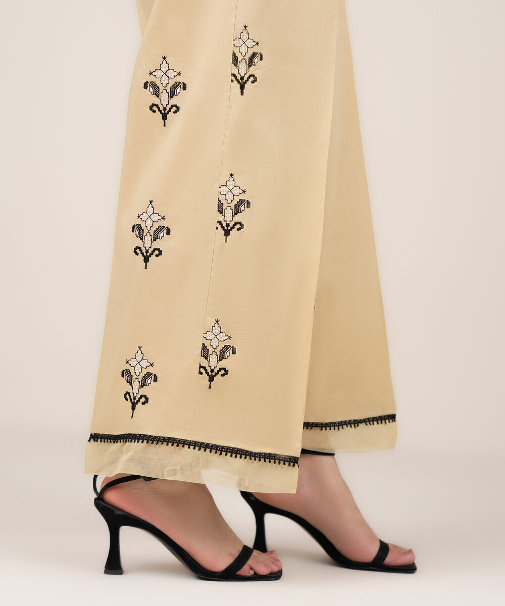 Women's RTW Cotton Embroidered Beige Culottes