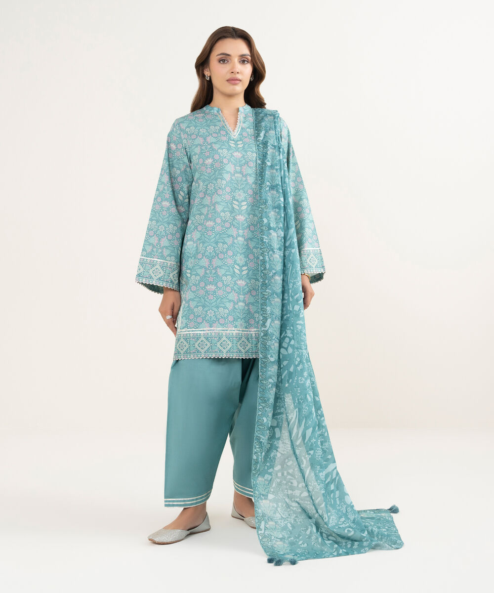 Women's Unstitched Lawn Printed Blue 3 Piece Suit