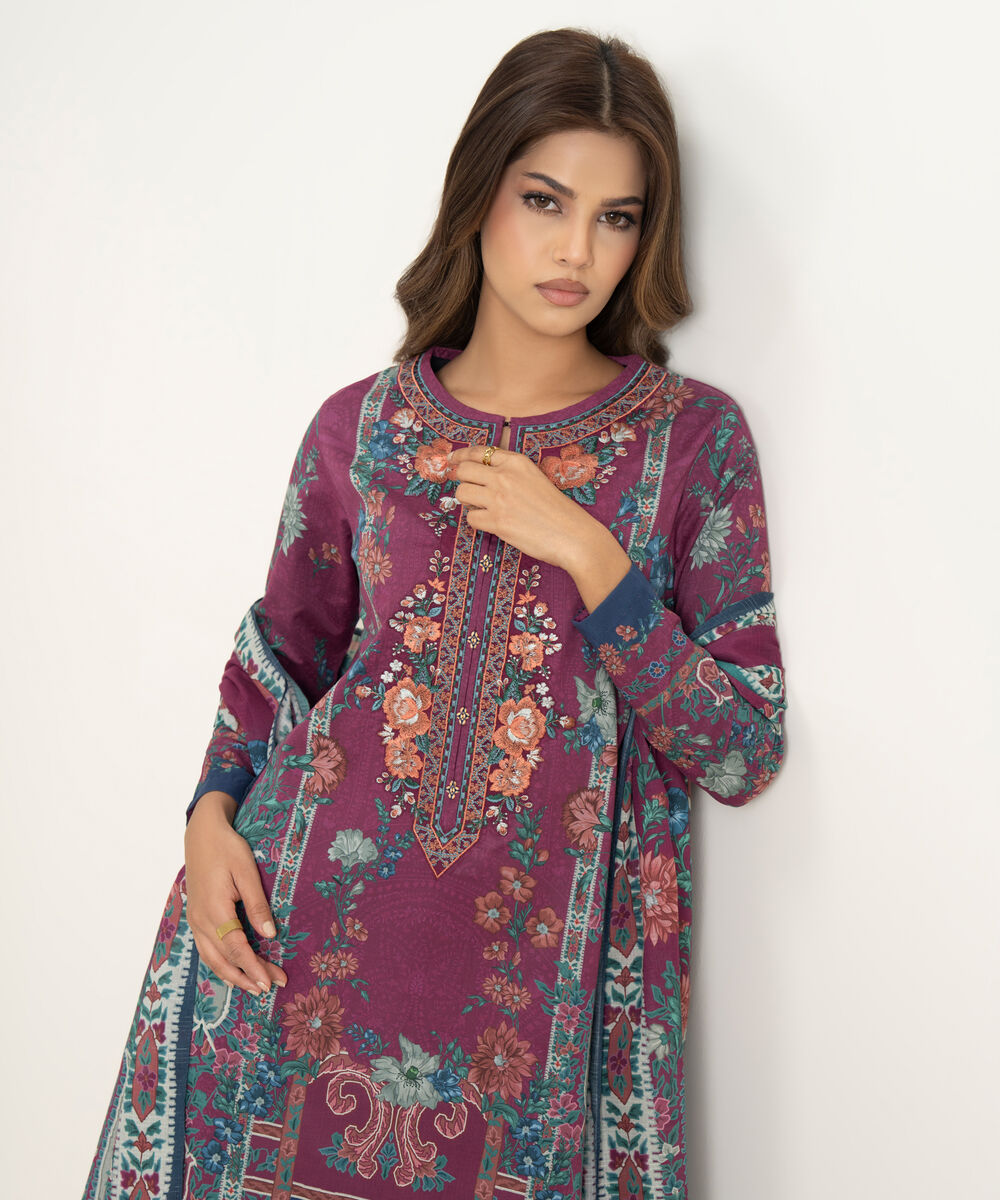 Women's Unstitched Lawn Embroidered Purple 3 Piece Suit