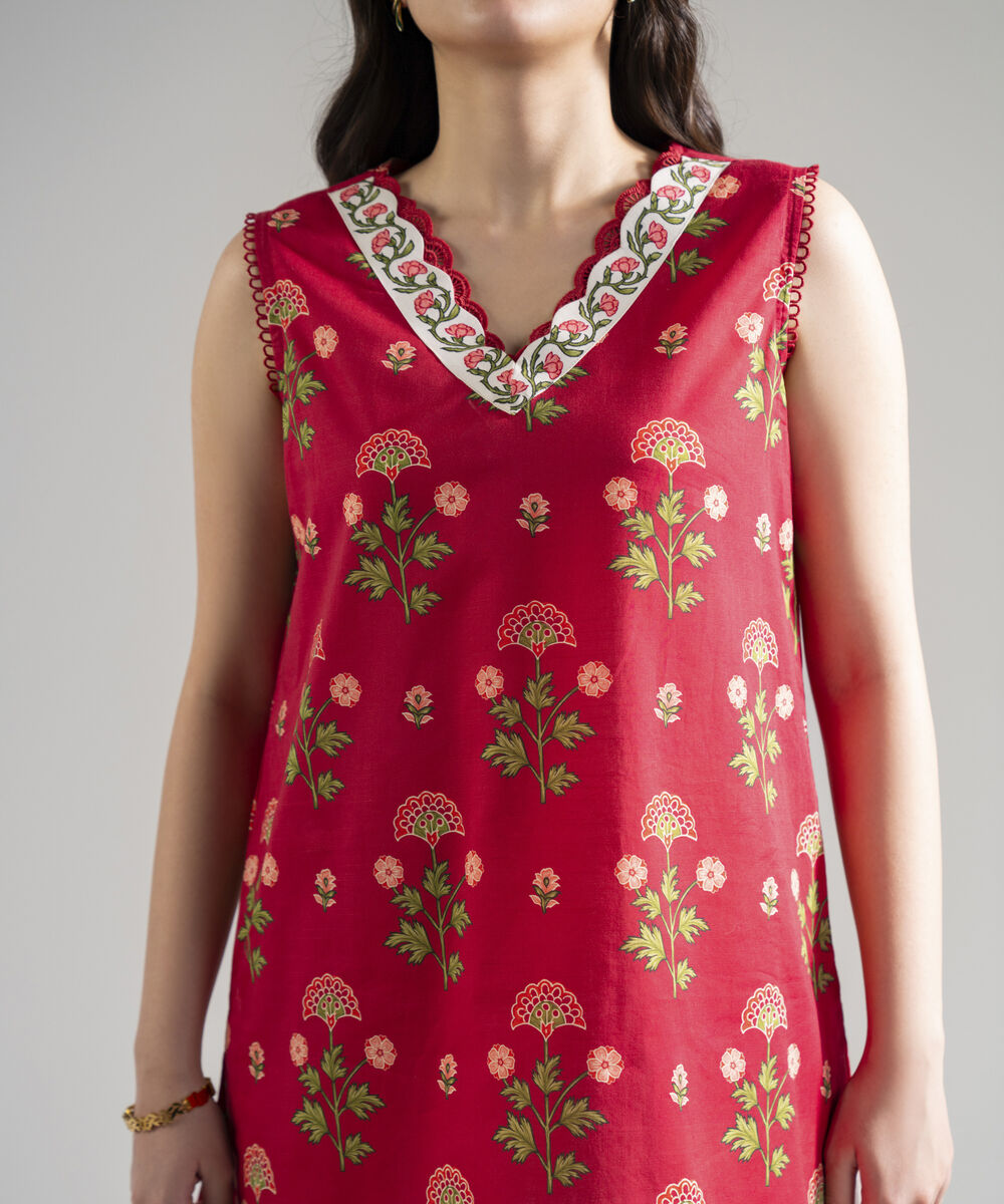 Women's RTW Slub Lawn Printed Red Straight Shirt