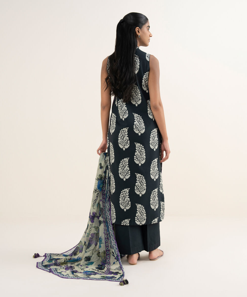 Women's Unstitched Cotton Printed Black 3 Piece Suit