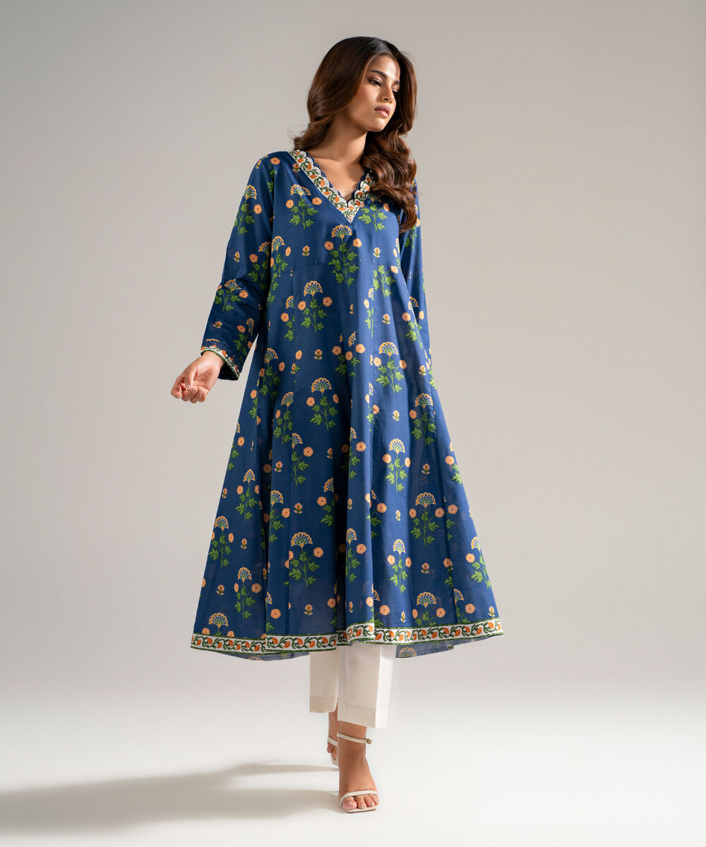 Women's RTW Slub Lawn Printed Dark Blue Peshwas