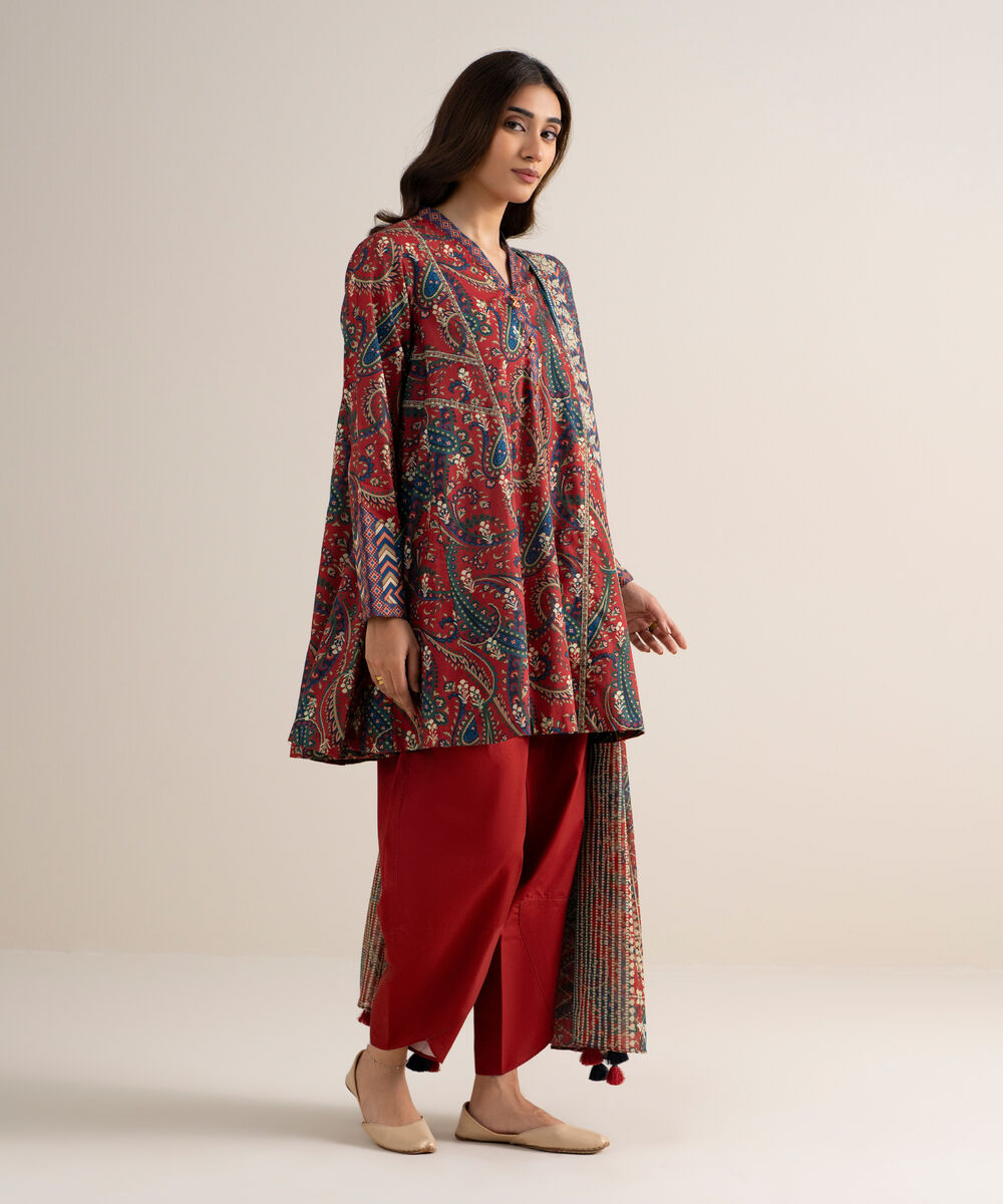 Women's Unstitched Lawn Printed Red