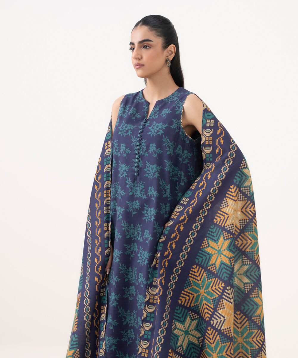 Women's Unstitched Khaddar Printed Blue 3 Piece Suit