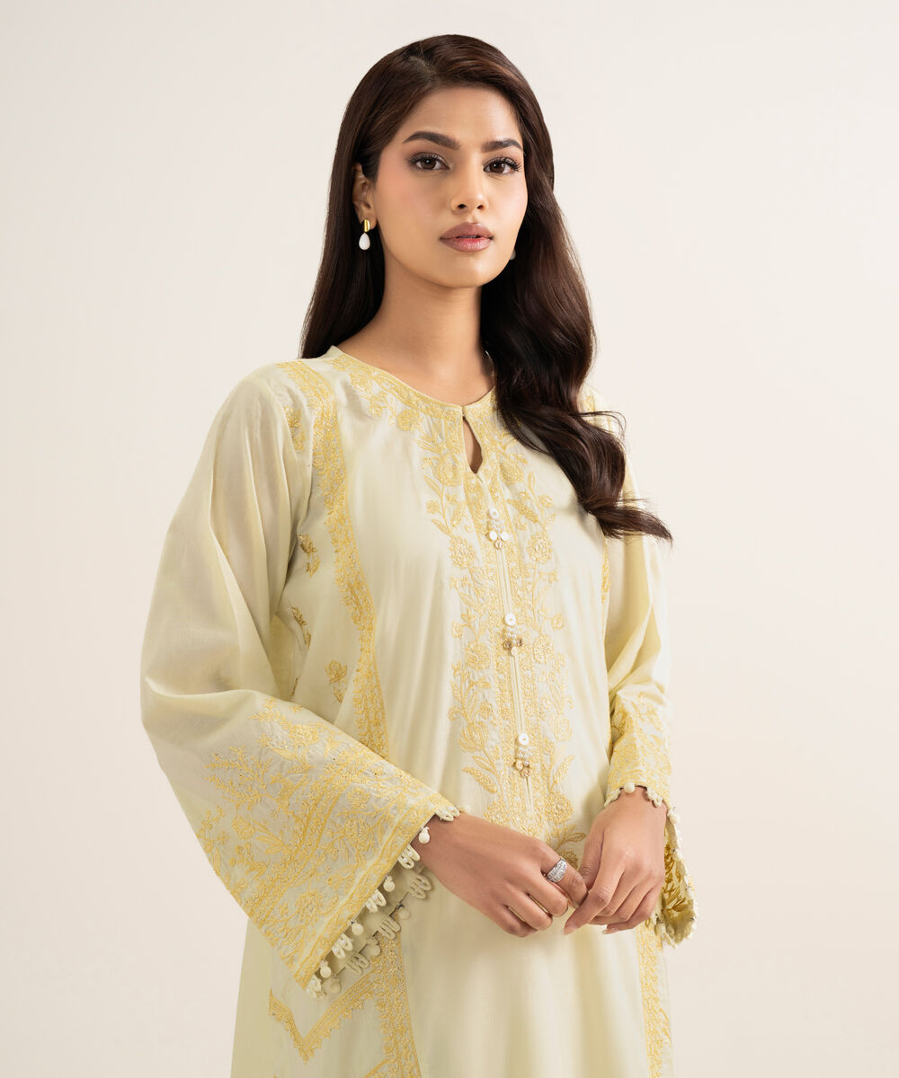 Women's RTW Self Jacquard Embroidered Yellow A-Line Shirt
