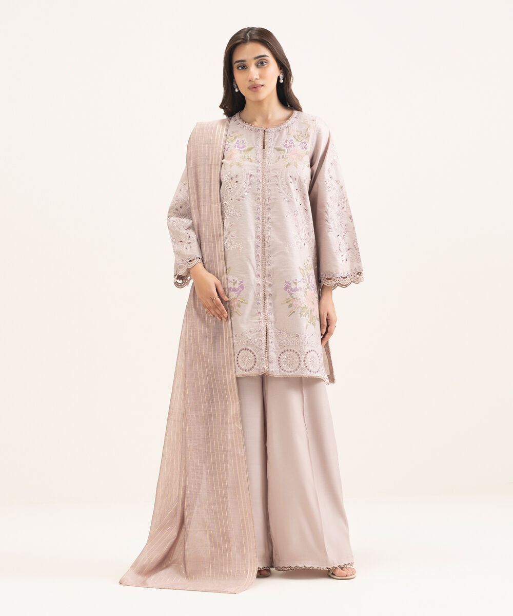 Women's RTW Silk Cotton Net Embroidered Lilac 3 Piece Suit