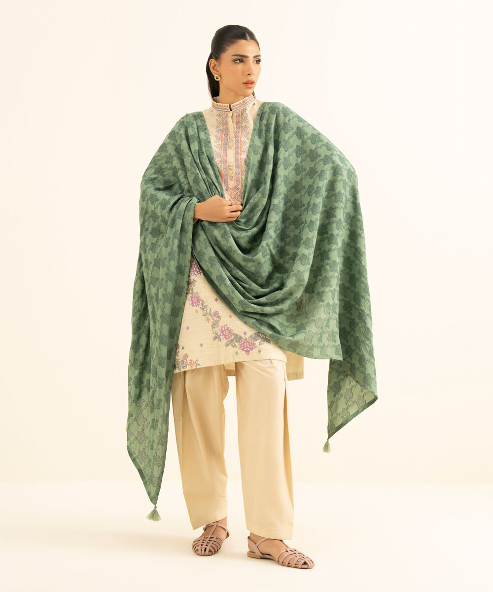 Women's Unstitched Khaddar Embroidered Beige 3 Piece Suit