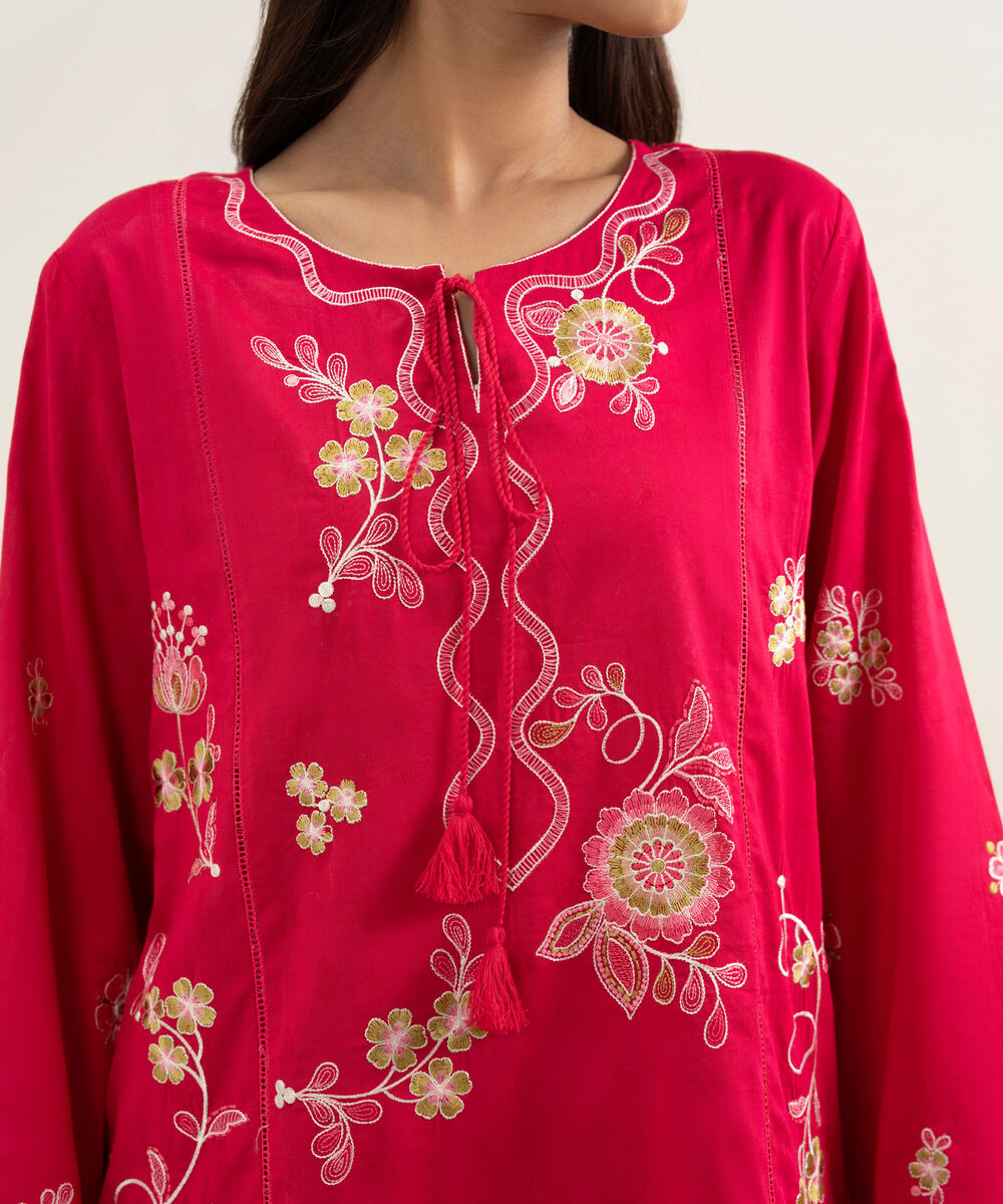 Women's RTW Self Jacquard Embroidered Pink Straight Shirt