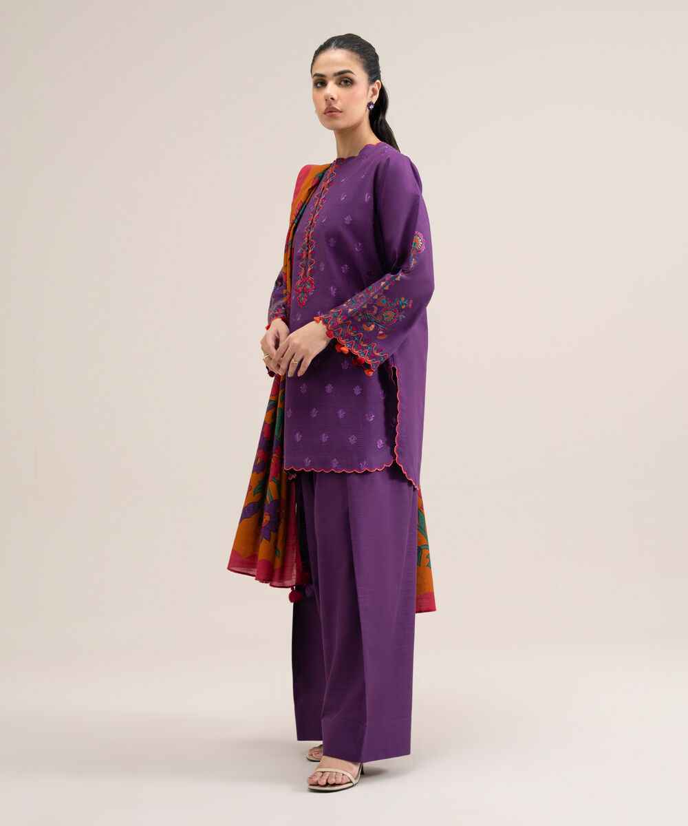 Women's Unstitched Cotton Embroidered Purple 3 Piece Suit