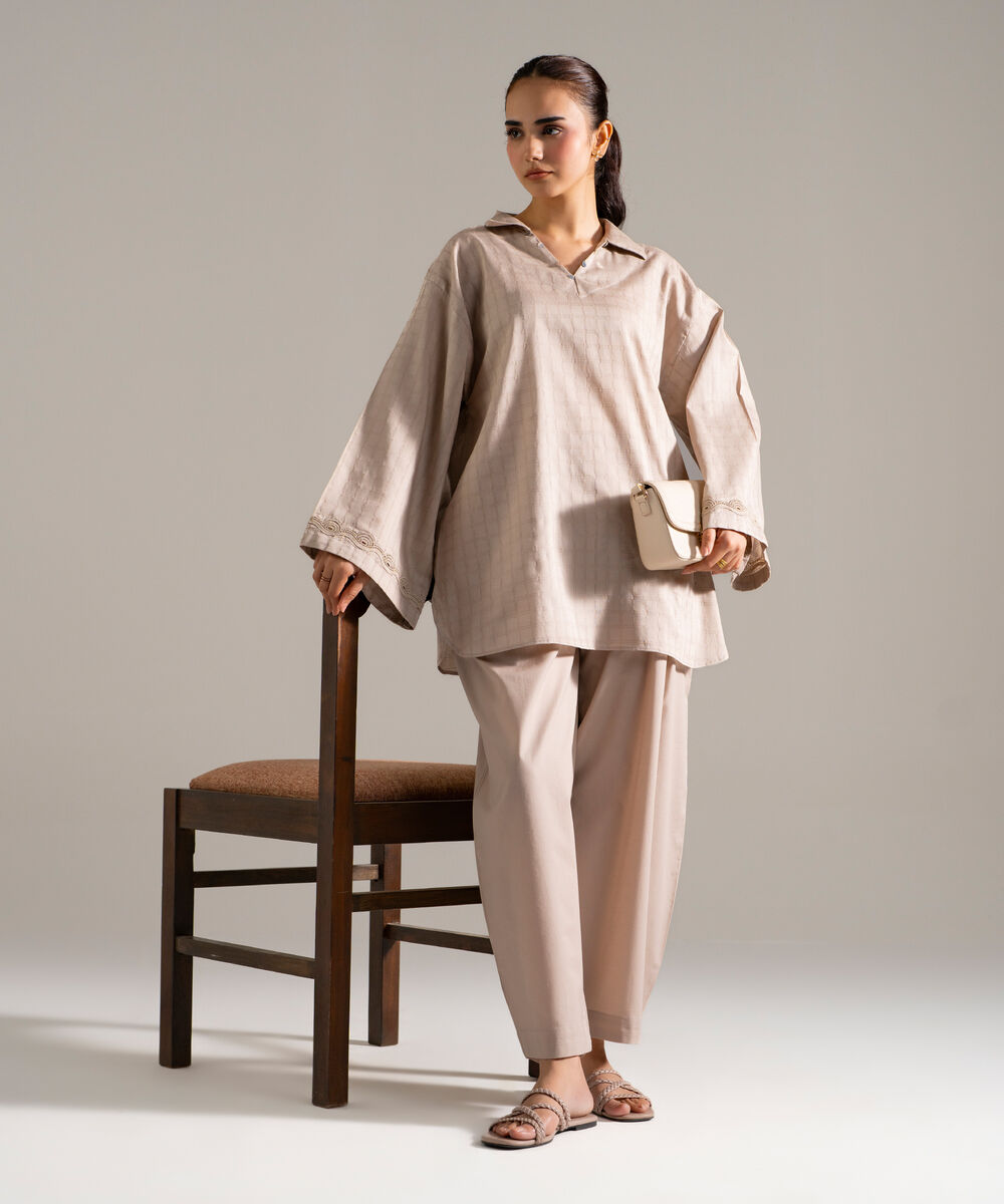 Women's RTW Dobby Printed Grey Drop Shoulder Shirt