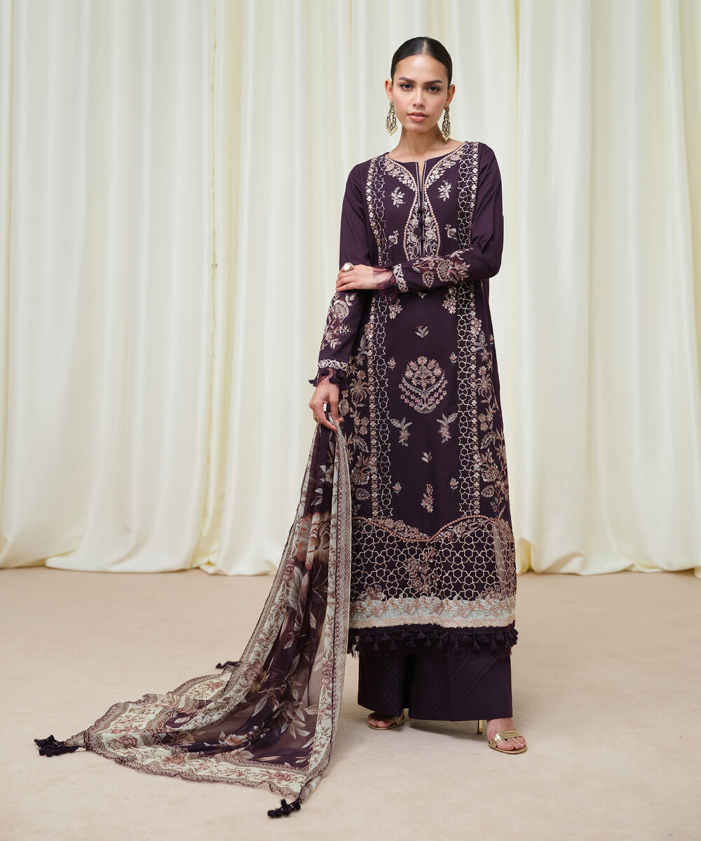 Women's Unstitched Fine Cotton Satin Embroidered Purple 3 Piece Suit