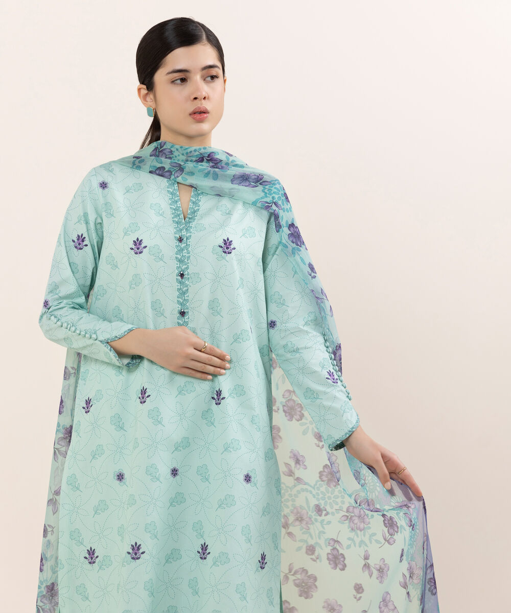 Women's Unstitched Cotton Embroidered Aqua Three Piece Suit