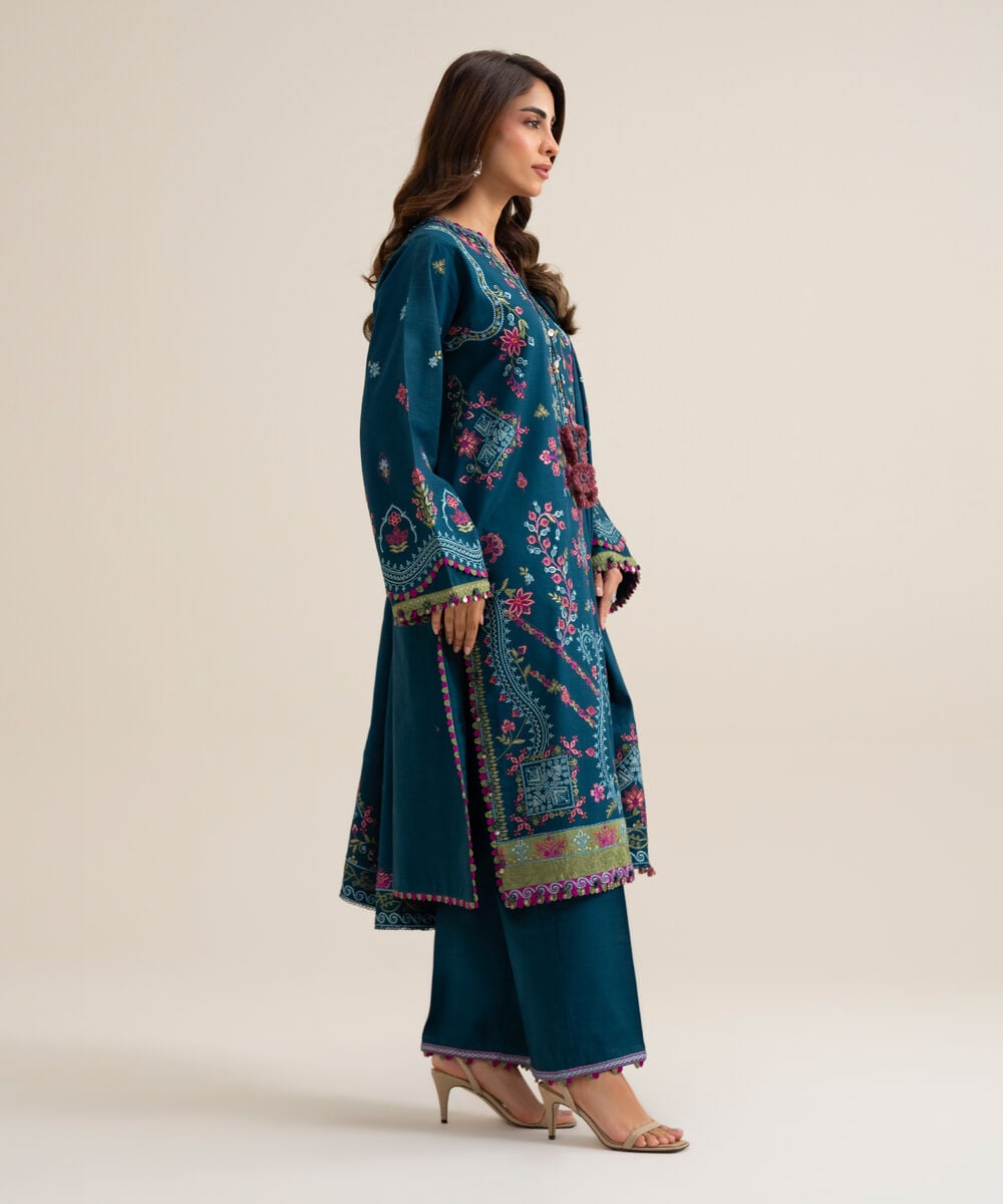 Womens Unstitched Basic Khaddar Embroidered Blue 3 Piece Suit