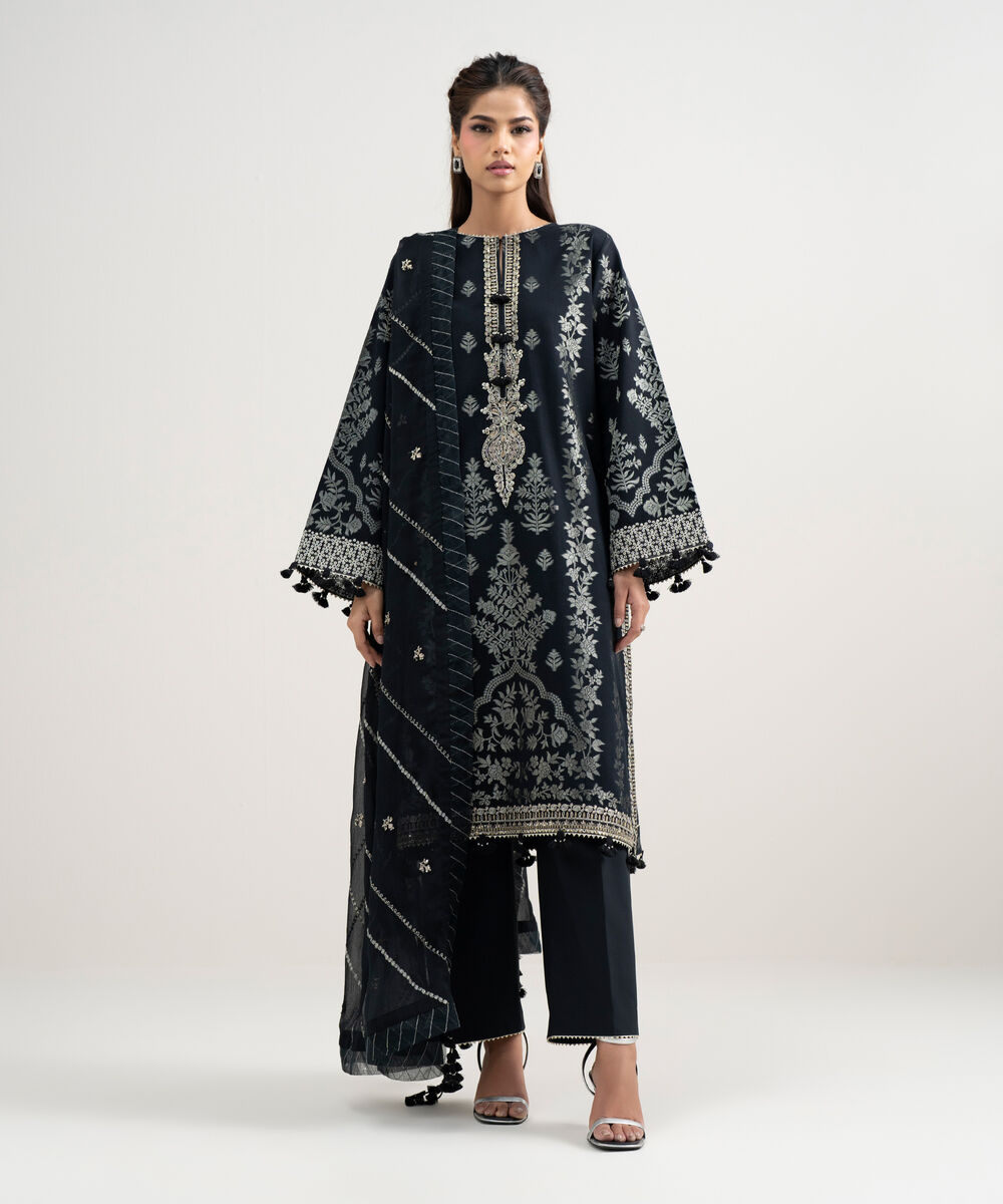 Women's Unstitched Extra Weft Jacquard Embroidered Black 3 Piece Suit